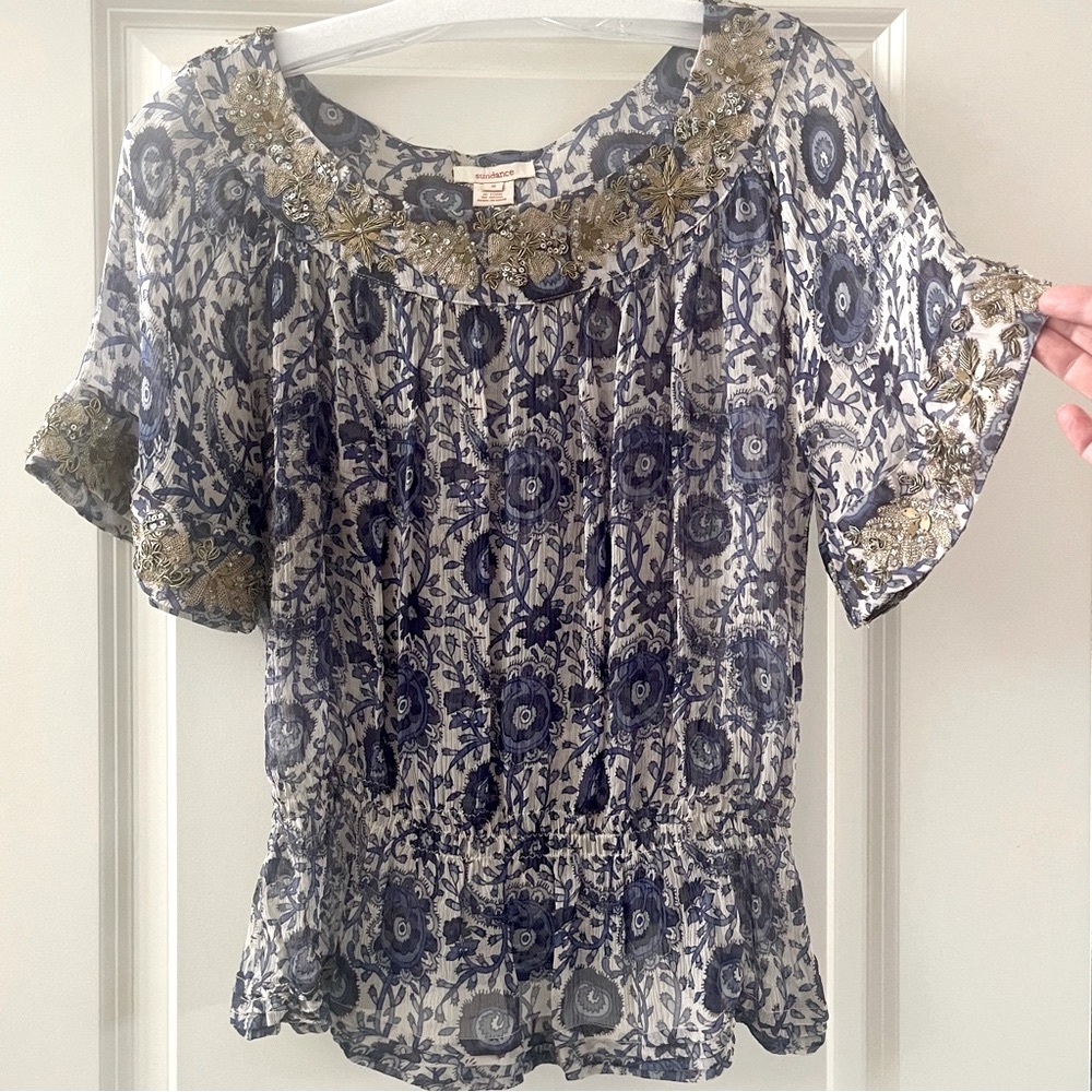 Sundance 100% Silk Blue & Cream Blouse with Bronze Beaded Trim